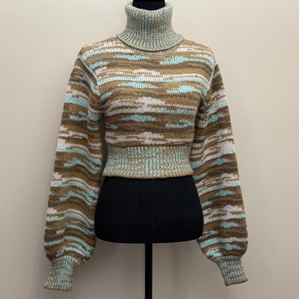 For Love & Lemons Women S Crop Turtleneck Wilma Sweater Balloon Sleeve Space Dye